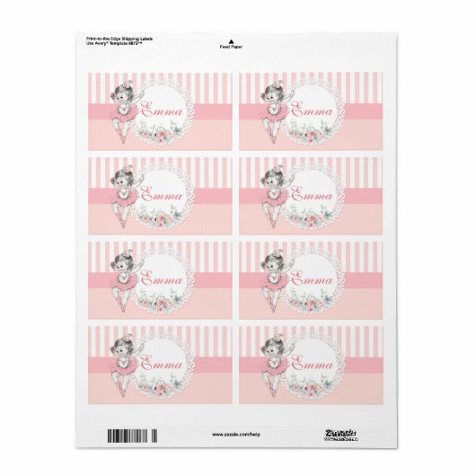 Ballerina Roze Tutu Strepen Bloemen Waterfles Etiket (Full Sheet)