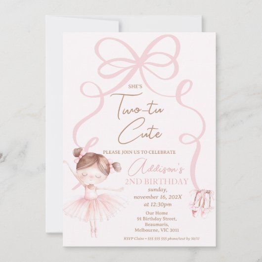 Ballerina Roze Twee Tu Schattige 2e verjaardag Kaart (Voorkant)