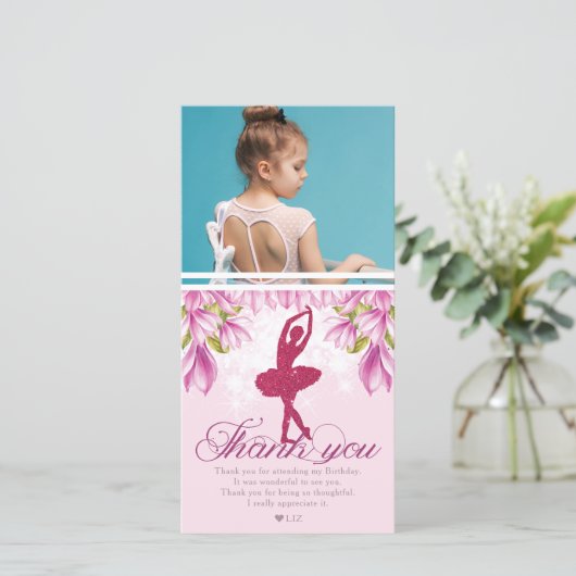 Ballerina Roze Verjaardagsfoto Bedankkaart (Staand voorkant)