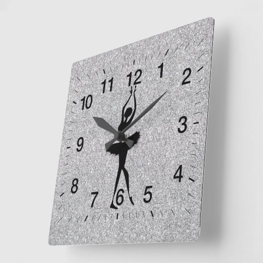 Ballerina Silhouette Silver Glitter Vierkante Klok (Hoek)