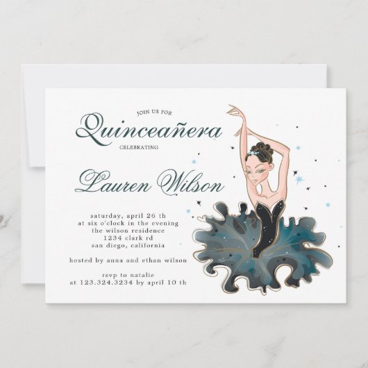 Ballerina smaragd en goud Quinceanera uitnodiging (Voorkant)