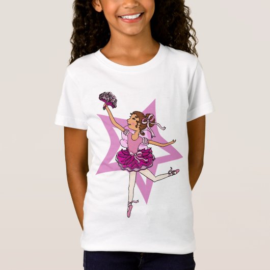 Ballerina ster in roze met donker haar boven t-shirt (Voorkant)