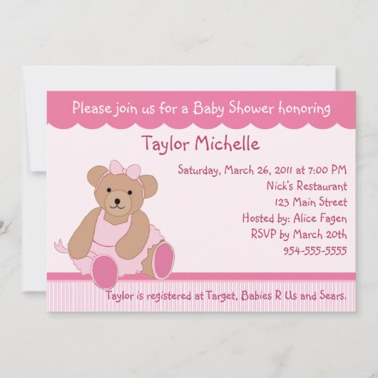 Ballerina Teddy Bear Baby shower Invitation Kaart (Voorkant)