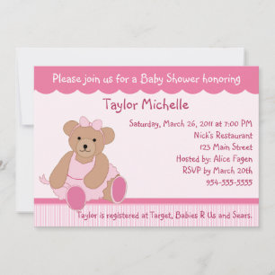 Ballerina Teddy Bear Baby shower Invitation Kaart