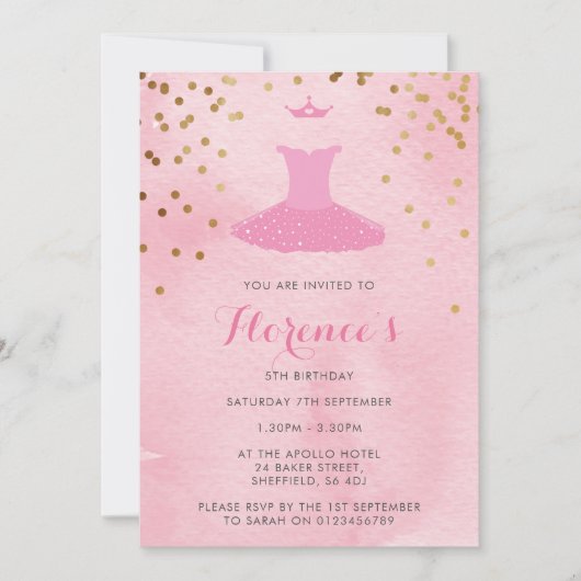 Ballerina thema verjaardagsfeestje uitnodiging (Voorkant)