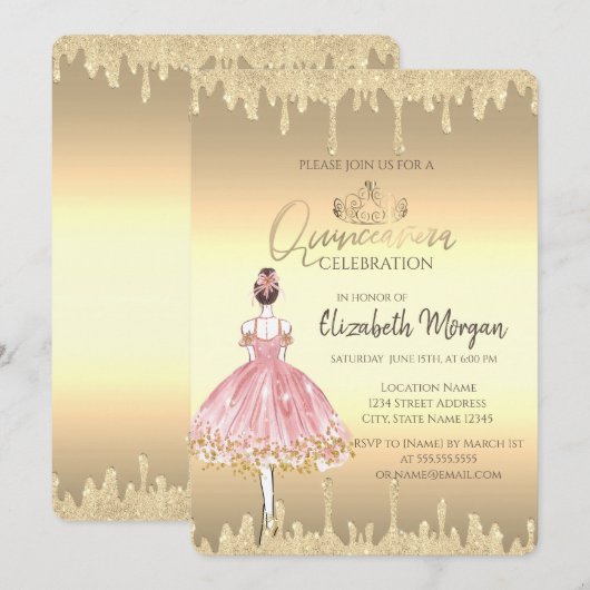 Ballerina, Tiara, Glitter Drift Gold Quinceañera Kaart (Voorkant / Achterkant)