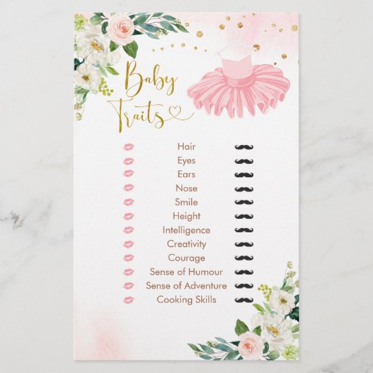 Ballerina Tutu Baby shower Baby Traits Spel (Voorkant)