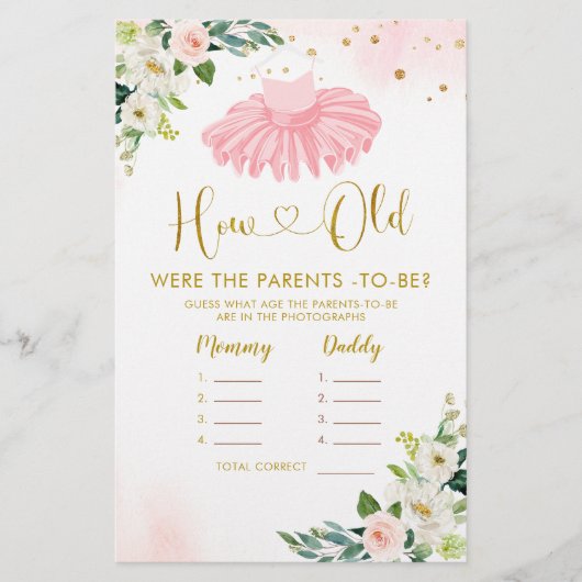 Ballerina Tutu Baby shower Hoe oude Ouders Spel (Voorkant)