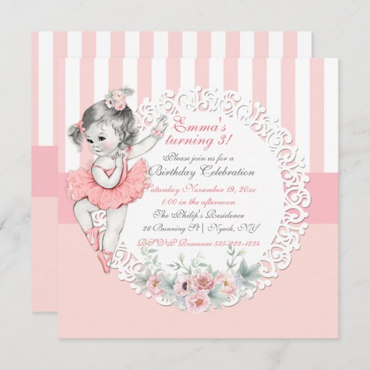 Ballerina Tutu Ballet Pink White Stripes Lace Kaart (Voorkant / Achterkant)