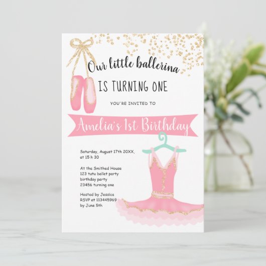 ballerina tutu Gold glitter confetti 1st verjaarda Kaart (Staand voorkant)