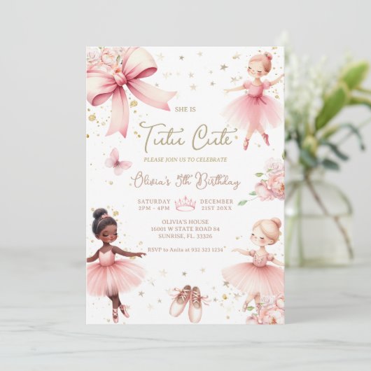 Ballerina Tutu Schattigee Roze Boog Verjaardagsuit Kaart (Staand voorkant)