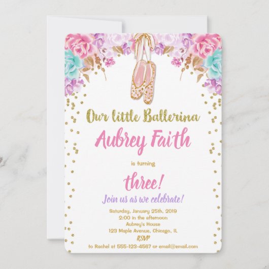 Ballerina tutu verjaardag uitnodiging roze goud bl (Voorkant)