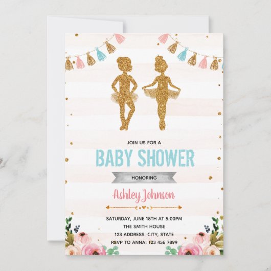 Ballerina tweeling showerfeest UITNODIGING (Voorkant)