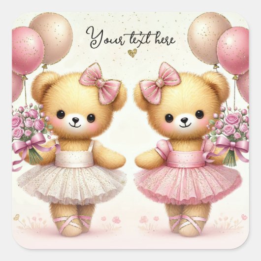 Ballerina Twinkle Toes Twin Beren Verjaardagsfeest Vierkante Sticker (Voorkant)