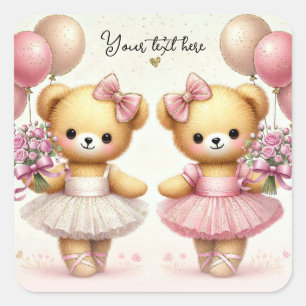 Ballerina Twinkle Toes Twin Beren Verjaardagsfeest Vierkante Sticker