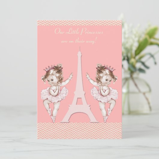 Ballerina Twins Eiffel Tower Chevrons Baby shower Kaart (Staand voorkant)