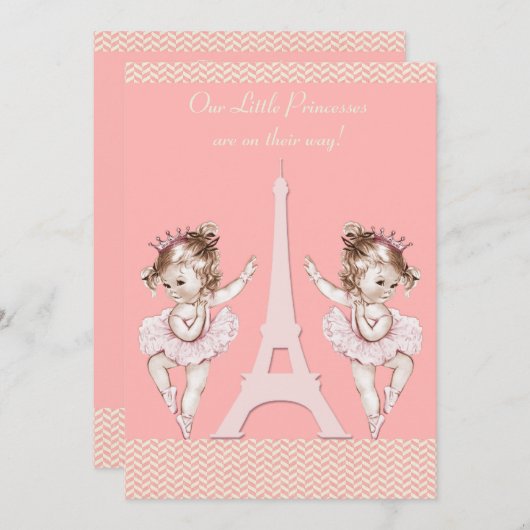 Ballerina Twins Eiffel Tower Chevrons Baby shower Kaart (Voorkant / Achterkant)