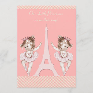 Ballerina Twins Eiffel Tower Chevrons Baby shower Kaart