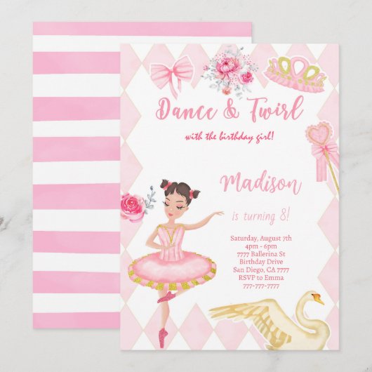 Ballerina uitnodiging 8e verjaardag  (Voorkant / Achterkant)