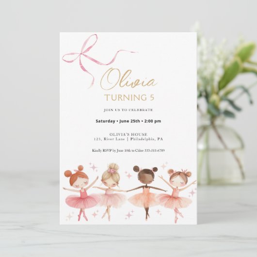 Ballerina Verjaardag Meisje Uitnodiging (Staand voorkant)