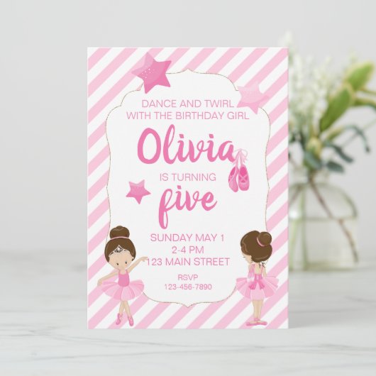 Ballerina Verjaardag Uitnodiging met roze strepen (Staand voorkant)