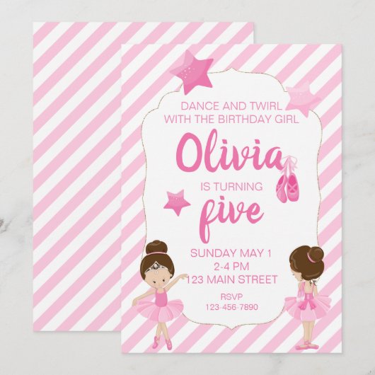 Ballerina Verjaardag Uitnodiging met roze strepen (Voorkant / Achterkant)