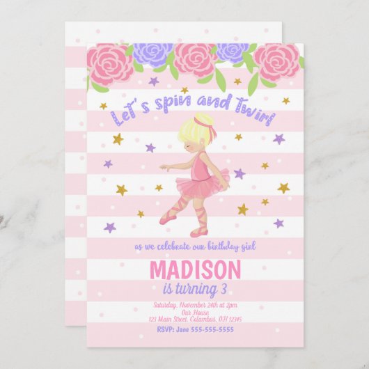 Ballerina Verjaardag Uitnodiging / Tutu Uitnodigin (Voorkant / Achterkant)