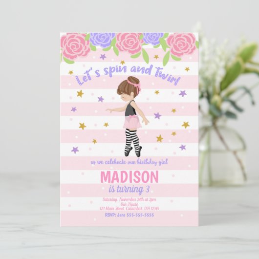 Ballerina Verjaardag Uitnodiging / Tutu Uitnodigin (Staand voorkant)