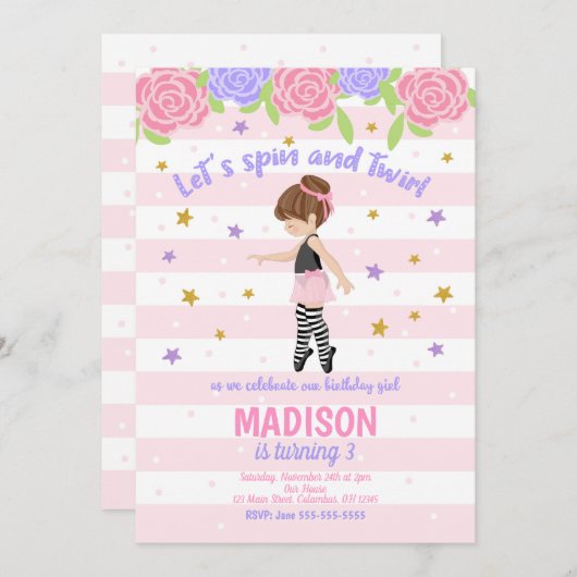 Ballerina Verjaardag Uitnodiging / Tutu Uitnodigin (Voorkant / Achterkant)