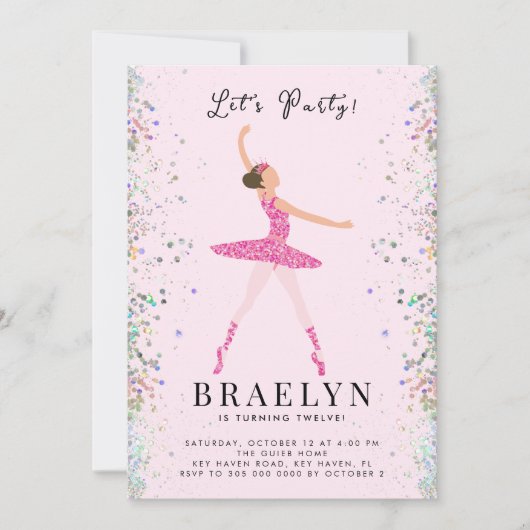 Ballerina Verjaardagsfeest Roze Glitter Ontwerp Kaart (Voorkant)