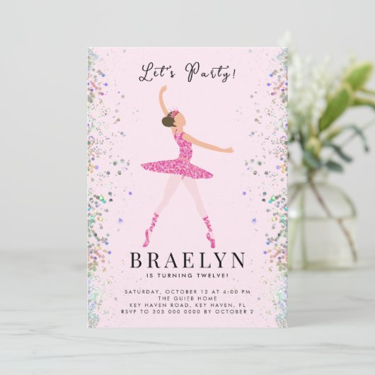 Ballerina Verjaardagsfeest Roze Glitter Ontwerp Kaart (Staand voorkant)