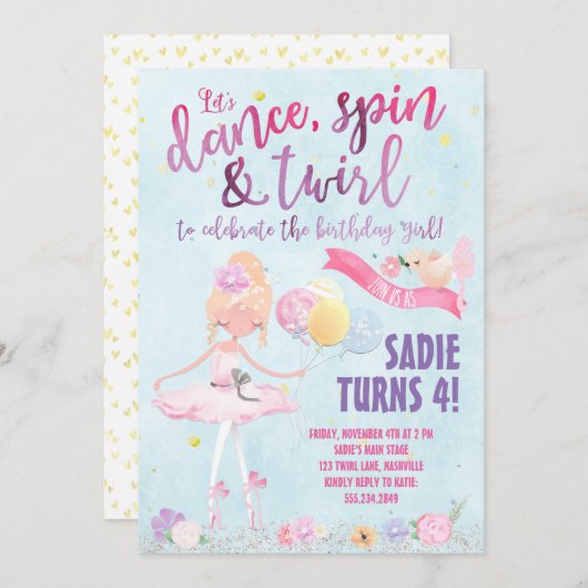  Ballerina Verjaardagsfeest Uitnodiging (Voorkant / Achterkant)