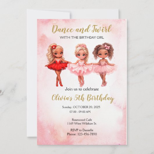 Ballerina verjaardagsuitnodiging, balletfeest kaart (Voorkant)