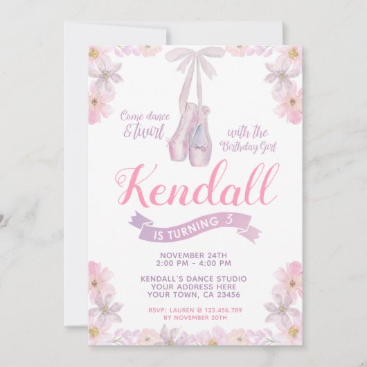 Ballerina verjaardagsuitnodiging, balletfeest kaart (Voorkant)