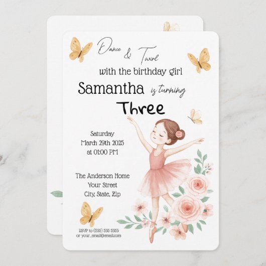 Ballerina verjaardagsuitnodiging - Pink Ballet Par Kaart (Voorkant / Achterkant)