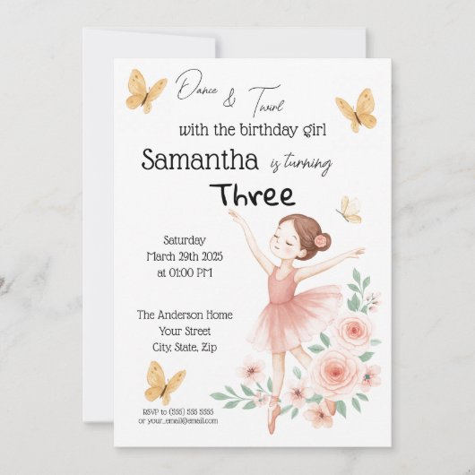 Ballerina verjaardagsuitnodiging - Pink Ballet Par Kaart (Voorkant)