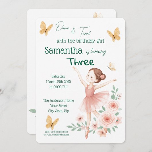 Ballerina verjaardagsuitnodiging - Pink Ballet Par Kaart (Voorkant / Achterkant)