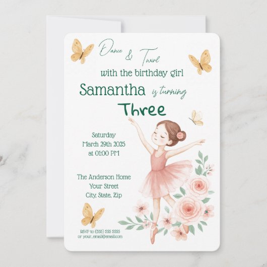 Ballerina verjaardagsuitnodiging - Pink Ballet Par Kaart (Voorkant)