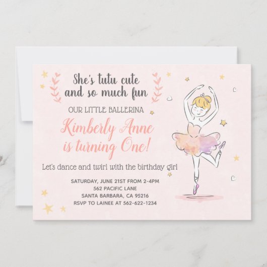 Ballerina Verjaardagsuitnodiging Tutu Schattig Kaart (Voorkant)