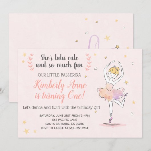 Ballerina Verjaardagsuitnodiging Tutu Schattig Kaart (Voorkant / Achterkant)