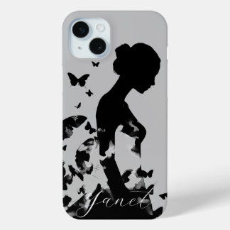Ballerina & Vlinders Silhouet Zwart/Grijs Naam iPhone 15 Mini Hoesje