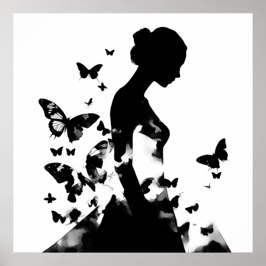 Ballerina & Vlinders Silhouet Zwart & Wit Poster (Voorkant)