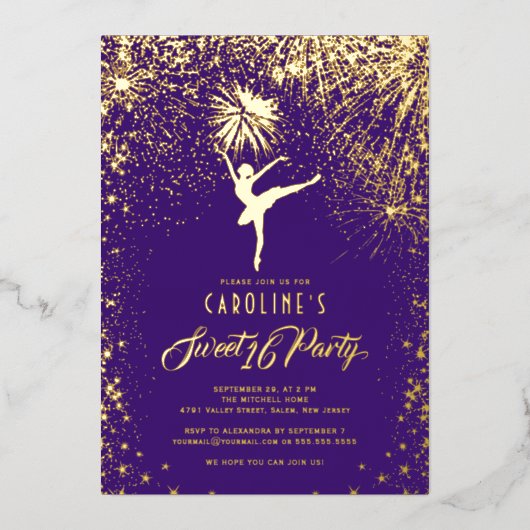 Ballerina Vuurwerk Elegant Zoete 16 Paars Goud Folie Uitnodiging (Voorkant)