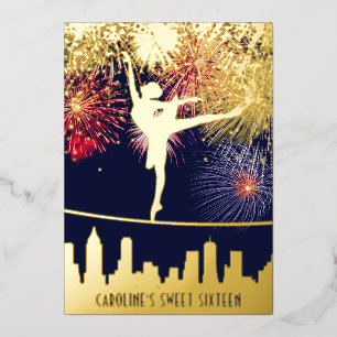 Ballerina Vuurwerk Silhouette Sweet 16 Blauw Goud Folie Uitnodiging