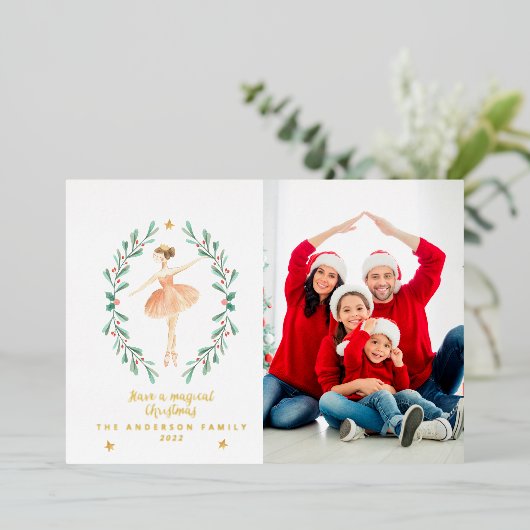 ballerina waterverf botanische 1 foto  folie feestdagenkaart (Staand Voorkant)