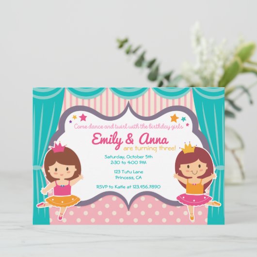 Ballerina zuster tweeling verjaardagsfeestje uitno kaart (Staand voorkant)