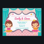 Ballerina zuster tweeling verjaardagsfeestje uitno kaart<br><div class="desc">Je wilt dansen en draaien met de verjaardagsmeisjes met behulp van deze fantastische Ballerina-verjaardagsuitnodiging. Voorzien van een schattige ballerina prinsessenmeisjes met sterren en gordijnachtergrond,  allemaal klaar voor het show!</div>