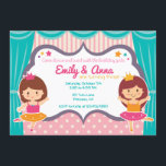 Ballerina zuster tweeling verjaardagsfeestje uitno kaart<br><div class="desc">Je wilt dansen en draaien met de verjaardagsmeisjes met behulp van deze fantastische Ballerina-verjaardagsuitnodiging. Voorzien van een schattige ballerina prinsessenmeisjes met sterren en gordijnachtergrond,  allemaal klaar voor het show!</div>