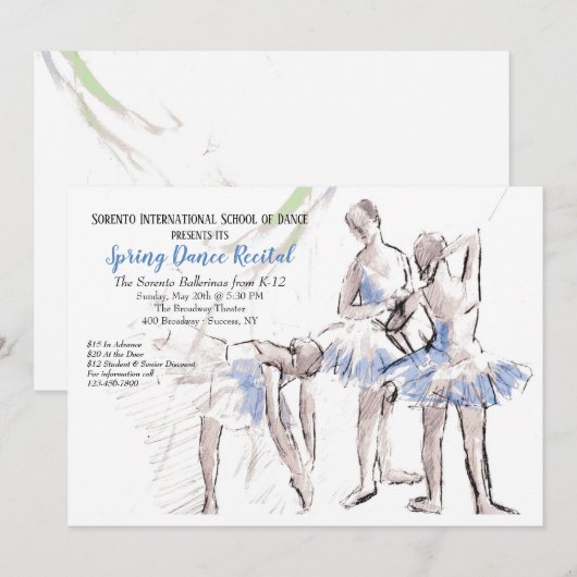 Ballerinas Dancing School Invitation Kaart (Voorkant / Achterkant)