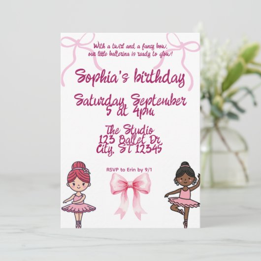 Ballerina's en Bows verjaardagsfeestje Uitnodiging (Staand voorkant)
